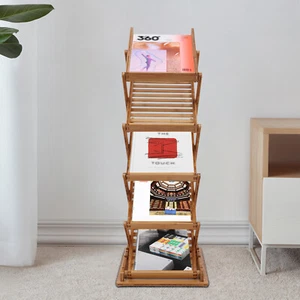 5 Layers Heavy Duty Bamboo Rack Pop-up Book Stand Foldable Magazine File Shelf - Picture 1 of 16
