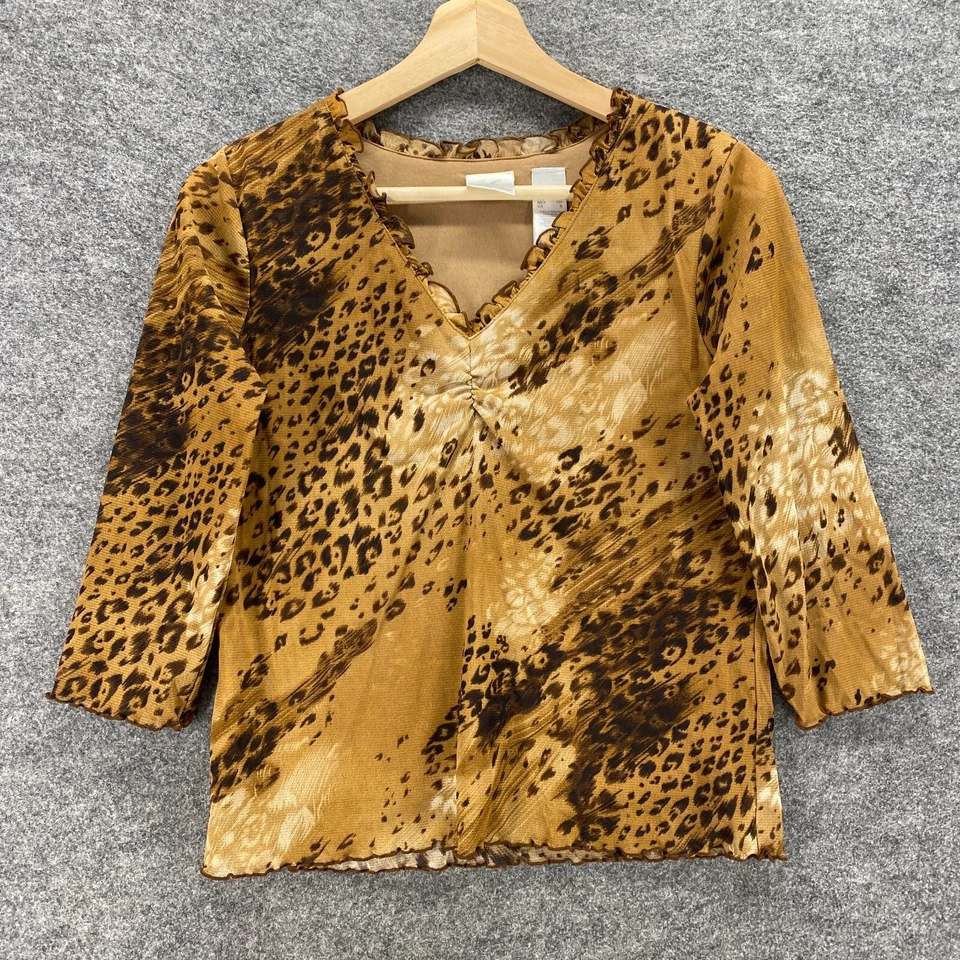 Blusa Emma James Mujer S Pequeña Marrón Estampado Animal Manga 3/4 Nylon Forrada Cuello en V Foto 1 de 4
