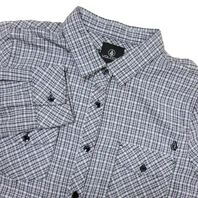 Volcom Mens Small White Pink Black Plaid Button Up Flannel Long Sleeve 2 Pocket - Image 1 of 4