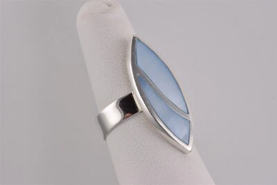 Anillo de plata esterlina con incrustaciones de madreperla azul mosaico 925 talla: 6 Foto 1 de 4