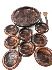 Hand Carved Wood Bowls Vintage Set of 9 Fish Pineapple Pattern Wooden Antique - Bild 1 von 12