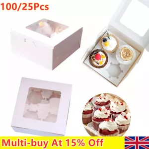 100/25X White Cupcake Gift Boxes Fit 4/6 Holes Cup Cakes With Removable Trays UK - Picture 1 of 10