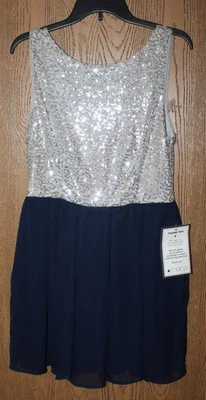 NWT B. Darlin Sz Large Navy Blue Silver Sequin  Holiday Party /Prom Dress - Image 1 of 4