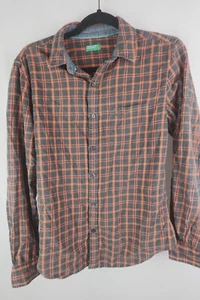 Benetton Herren kleines kariertes Flanellhemd mit Knopfleiste orange grau Freizeit Grunge - Bild 1 von 6
