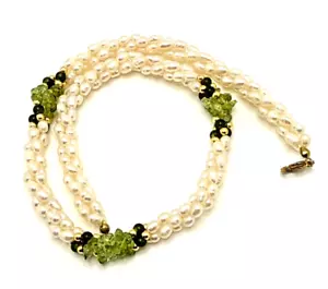 Genuine Pearl Necklace Freshwater Choker Twist Green Jade? & Gold Tone Accents - Picture 1 of 7