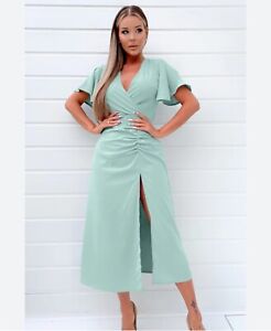 AX Paris Armani Exchange Mint Green Ruched Midi Faux Wrap Dress Size 12 -NWT New