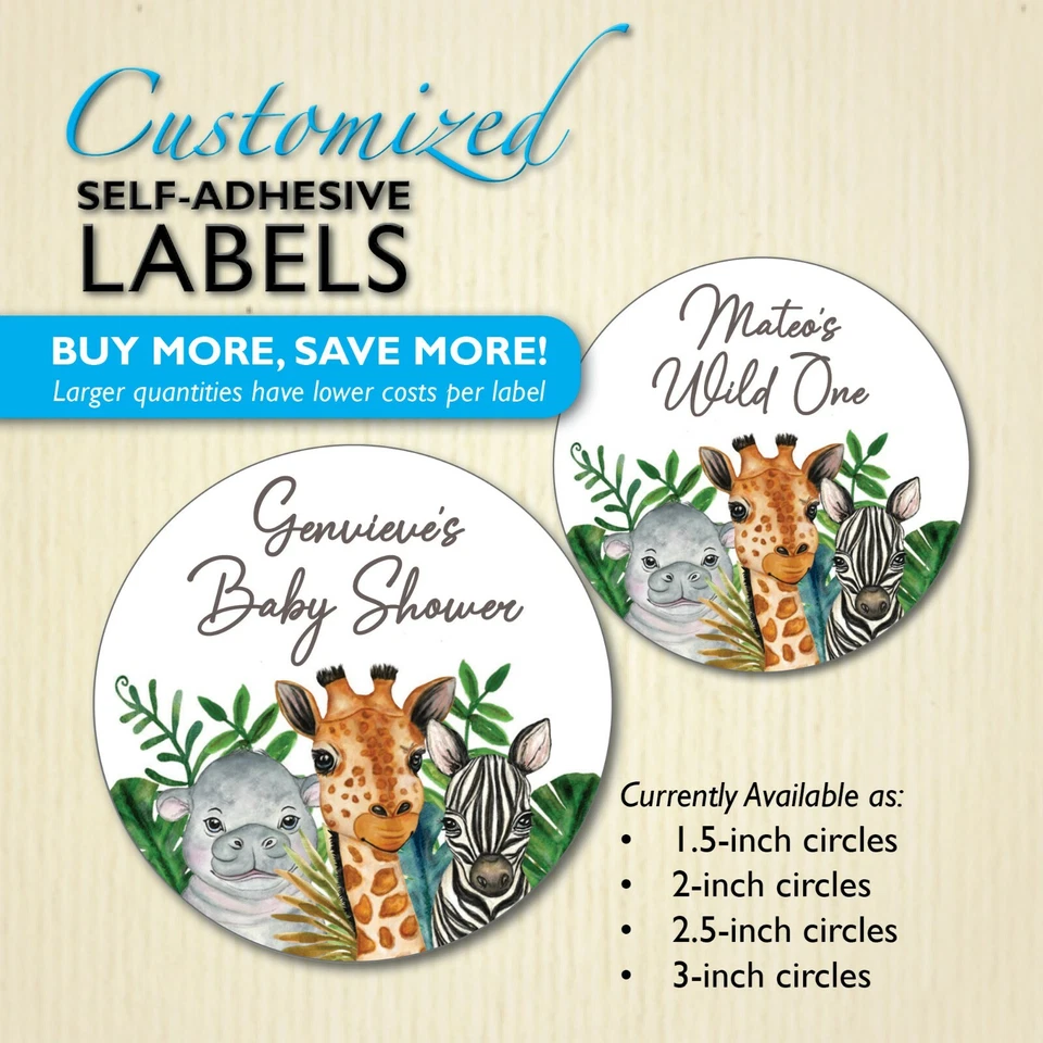 Jungle Safari Zoo Baby Shower Stickers, Wild One1st Birthday Party Favor Labels - Image 1 of 1