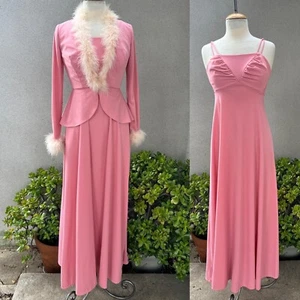 Vtg Mod Maxi dress peplum jacket fur trim dusty pink  XS - Picture 1 of 13