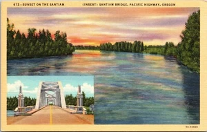 Santiam Bridge, Sunset The Santiam, Pacific Highway, Oregon Vtg PC - Picture 1 of 2