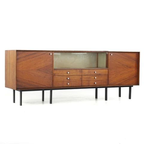 Widdicomb Mid Century Walnut and Glass Shadow Box Display Credenza Cover