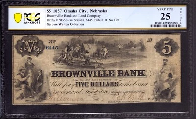 1857 $5 BROWNVILLE BANK & LAND COMPANY NEBRASKA NO TINT OBSOLETE NOTE PCGS 25 NT - Image 1 of 3