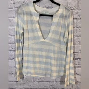 WOO. Y2K Wollmischung gestreift Henley-Stil Strick Top V-Ausschnitt Ausschnitt Größe Small (2) - Bild 1 von 7