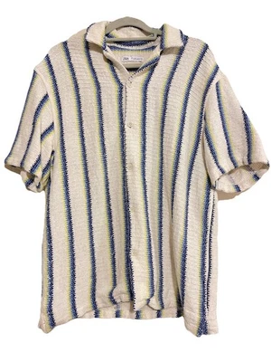 Zara Crochet Striped Open Knit Relaxed Fit Camp Collar Textured Boho Shirt L - Image 1 of 4