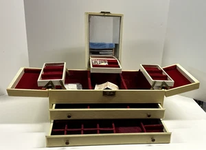 Vintage große Mid Century Kunstleder Stufen Schmuckschatulle Etui 16x9x6,5 mit Schlüssel - Bild 1 von 14