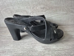 CROCS Cyprus UK 6.5 / W9 Black High Heel Chunky Sandals Cross Straps Comfort - Picture 1 of 9