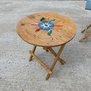 Vintage handbemalt klappbar Holz dekorativ rund 18" D Beistelltisch Blumen Volkskunst - Bild 1 von 11