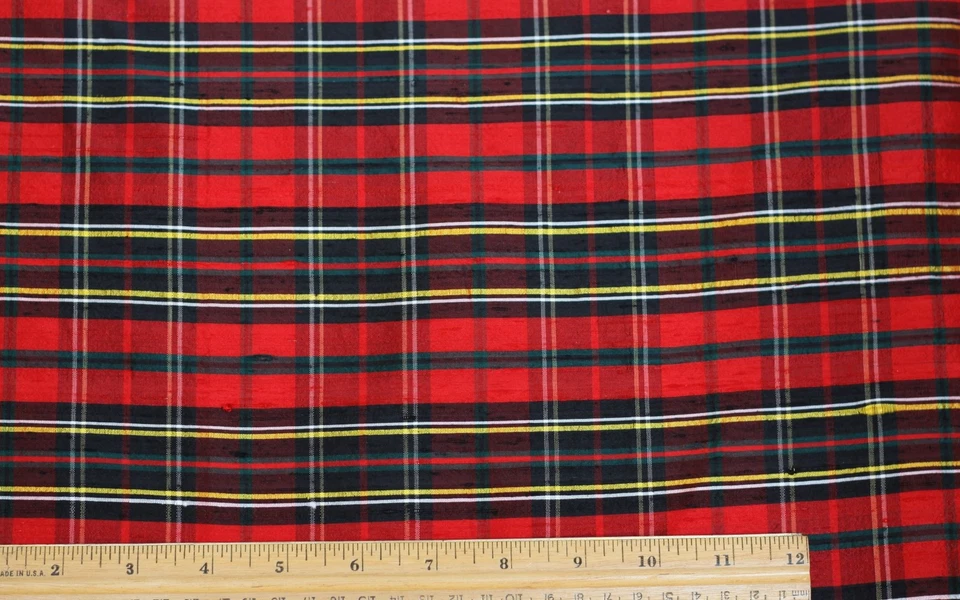 Red/Green/Black  Dupioni Plaids 100% Silk Fabric 54" Wide, By The Yard (SD-656) - Image 1 of 1