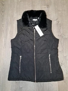 NEW Calvin Klein Black Puffer Vest Faux Fur Trimmed Hood Womens Medium - Picture 1 of 7