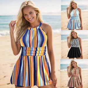 Women Tankini striped Swimdress Swimsuit Beachwear Push Up Swimwear Plus Size - Picture 1 of 17