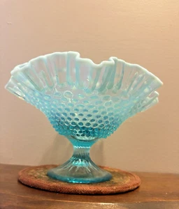 Ruffled Edge Pedestal Bowl Glass Blue Opalescent Hobnail white edge 6.5" tall - Picture 1 of 7