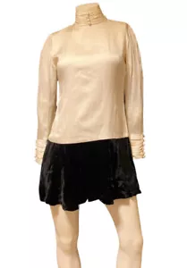 Vintage 60s Leo Narducci MOD gogo mini dress Beige Top Black Velvet Skirt Small - Picture 1 of 7