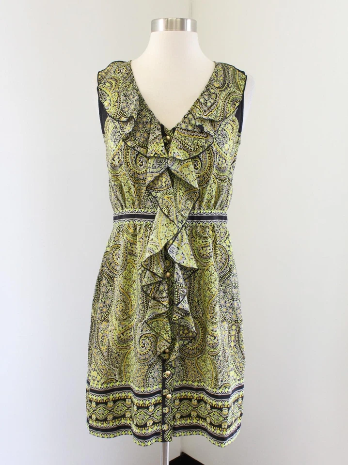 Vestido Beth Bowley Anthropologie Negro Amarillo Estampado Paisley Volantes Frontal Talla 6 Foto 1 de 4