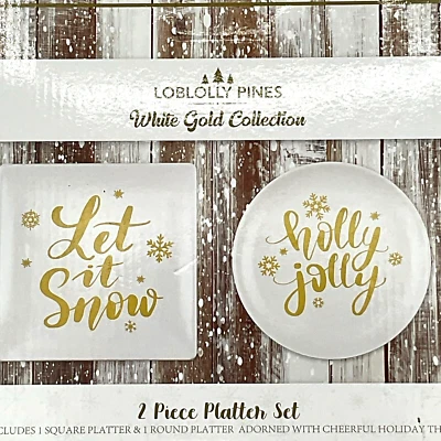 Loblolly Pines White Gold Collection 2 Piece Platter Set Let it Snow Holly Jolly - Image 1 of 4