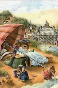 Grußkarte* Kunstlerkarte * Eine Mäusefamilie im Urlaub am Meer * Susan Wheeler - Bild 1 von 2