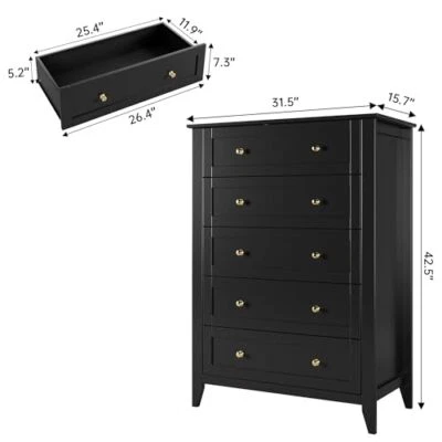 Cómoda de 5 Cajones Cómoda para Dormitorio Mesita de Noche Organizador de Almacenamiento Armario de Madera Foto 1 de 4