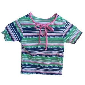 Girls 4 Vintage 70s Striped T-shirt Top Pink Tie Green/Blue/Pink Sneaker Print - Picture 1 of 6