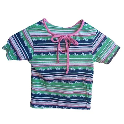 Camiseta Top Niñas 4 Vintage Años 70 Rayas Rosa Corbata Verde/Azul/Rosa Zapatilla Estampado Foto 1 de 4