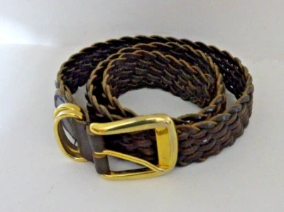 Talbots Belt Women M 35"-1.5 Brown Leather Woven Braided Brass Vintage - Image 1 of 4