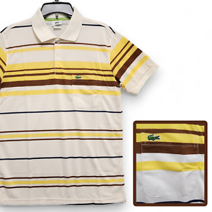Lacoste Polo Shirt Mens Large Brown Yellow Striped Short Sleeve Pocket Crocodile