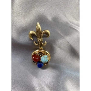 Fleur de Lis Bild Medaillon Pin Brosche Cabochons Goldton Metall Vintage - Bild 1 von 7