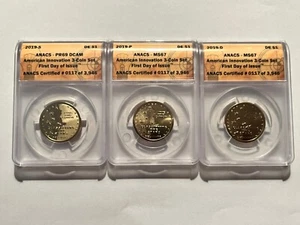 Set 3 monete S, P, D Zecche Delaware Innovazione Dollaro 2019. ANACS - Foto 1 di 2