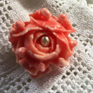 Coral Brooch Pink Angel Skin Coral Shell Coloured Rose Pearl & Shell  Handmade - Picture 1 of 11