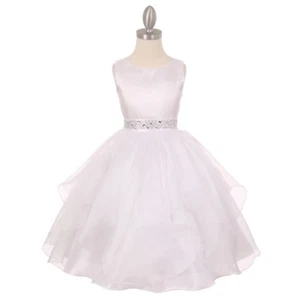 BLANCO Talla 8 Comunión Cumpleaños Recital Flor Niña Vestido Estrás en la Cintura - Imagen 1 de 2