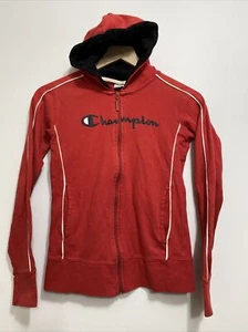 Champion Youth Unisex Size Large Full Zip Up Sweater Red Navy Logo Hooded Cotton - Picture 1 of 8