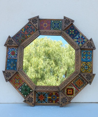 15" PUNCHED TIN MIRROR octagonal   mixed talavera tiles    mexican folk art Cover