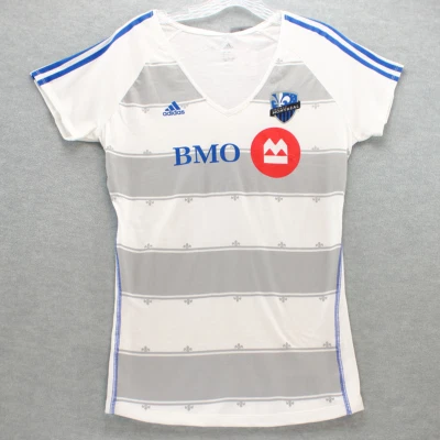 NEW Montreal Impact Adidas Women's Club Top Blue Stripes V-Neck T-Shirt WHITE - Image 1 of 4