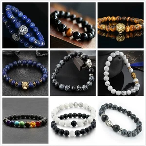 Men Women Natural Gemstone Beads Lava Rock Stone Bracelet Lion/Buddha Head Bead - Bild 1 von 214