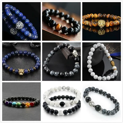 Natural Gemstone Beads Lava Rock Stone Men Women Bracelet Lion/Buddha Head Bead - Image 1 of 4