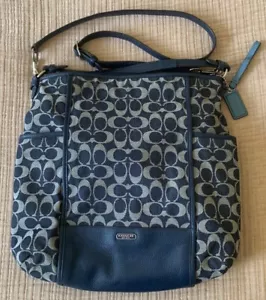 Coach Hobo Signature Navy Cloth Bag Leather Accent F32621 - Picture 1 of 3