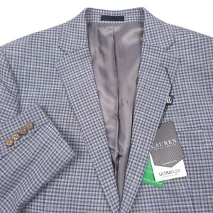 $295 LRL Ralph Lauren Lexington UltraFlex Blue Gray Check Blazer Jacket Mens 44L - Picture 1 of 14