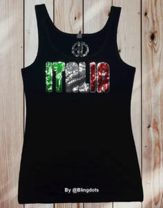 Women Italy Italia Bling Shirt Sequin Tank Top Team Flag Soccer Fan Italian Tee - Picture 1 of 6