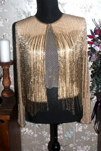 BNWT BIBA GOLD FRINGED BEADED EMBELLISHED TULLE EVENING JACKET UK 14 42 US10 ASO - Picture 1 of 19