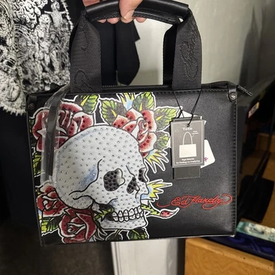 ED Hardy Bag Black Tote Bag Bling Skull and Roses Logo Handbag Crossbody Purse - Image 1 of 4