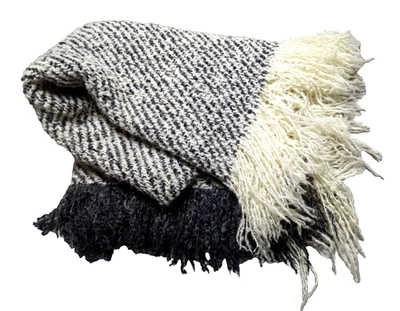 Kennebunk Weavers Throw Blanket 62" x 74"  with Fringe, Cream / Gray Cozy Cushy - Image 1 of 4