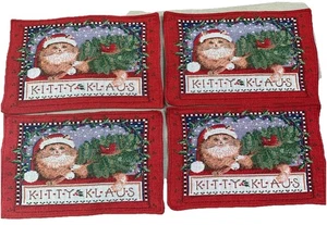 Weihnachtskatze "Kitty Klaus" 4 Gobelin Tischsets 18x11,4 Nikolausmütze Katze - Bild 1 von 6