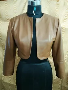 NOORA Womens Beige Real Lambskin Leather Bolero Shrug Biker Jacket Slim-fit - Picture 1 of 7